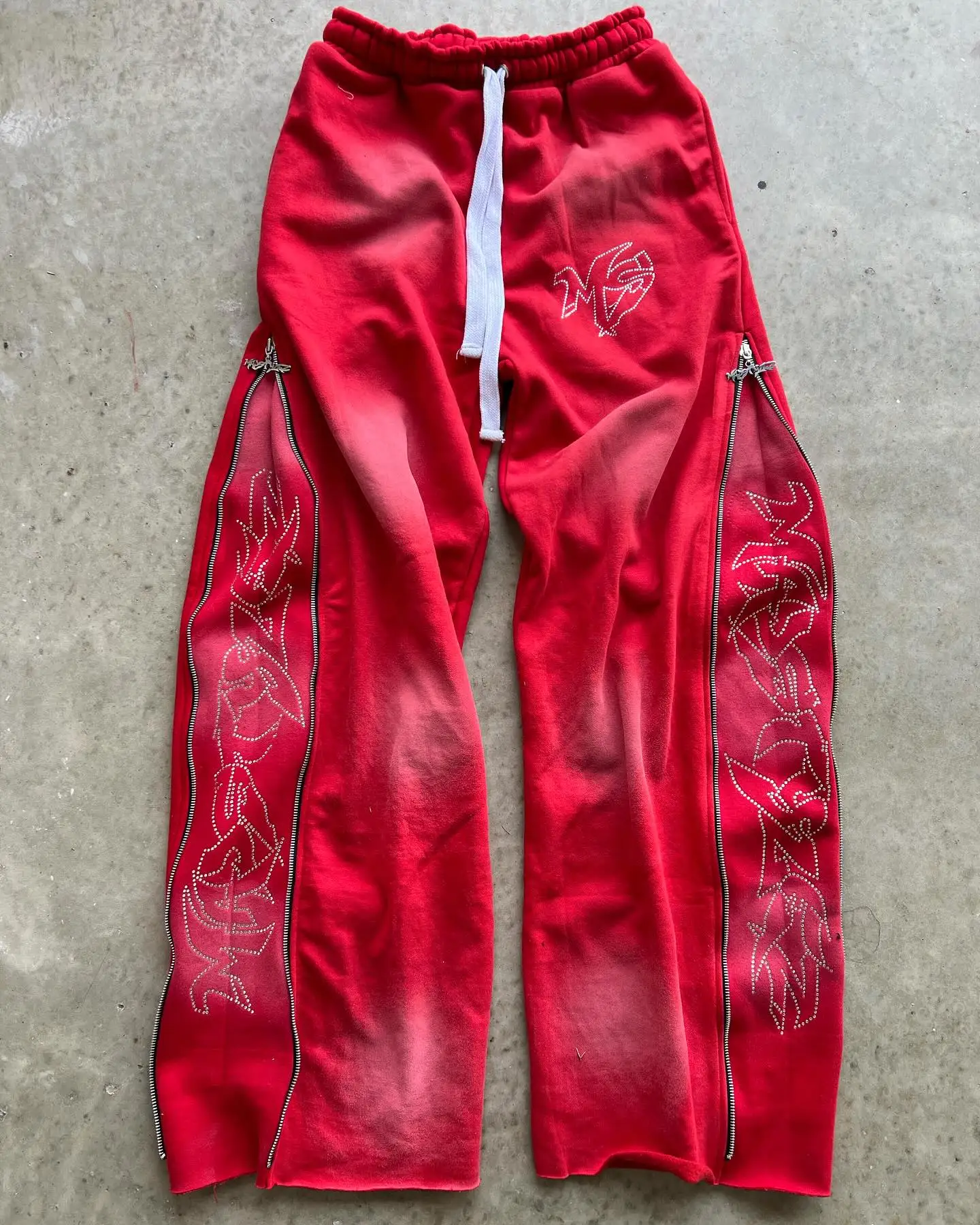 Acid Washed Sweat Suits Custom 100% Cotton Terry Oversized Tracksuit Men Flare Stacked Sweatpants and Rhinestone Hoodie Set gallery 2