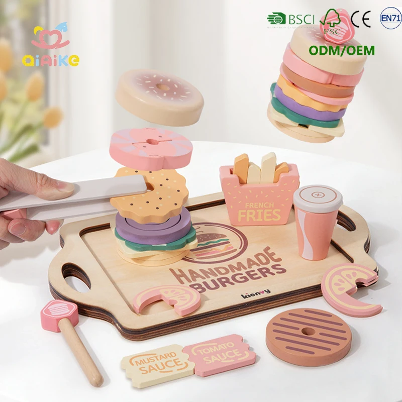 Neues Rollenspiel-Sets zum Nachahmen: Frühkindliches Simulations-Spielzeug, handgefertigtes Hamburger-und-Pommes-Menü-Set aus Holz für Kinder, kreatives Stapelspielzeug