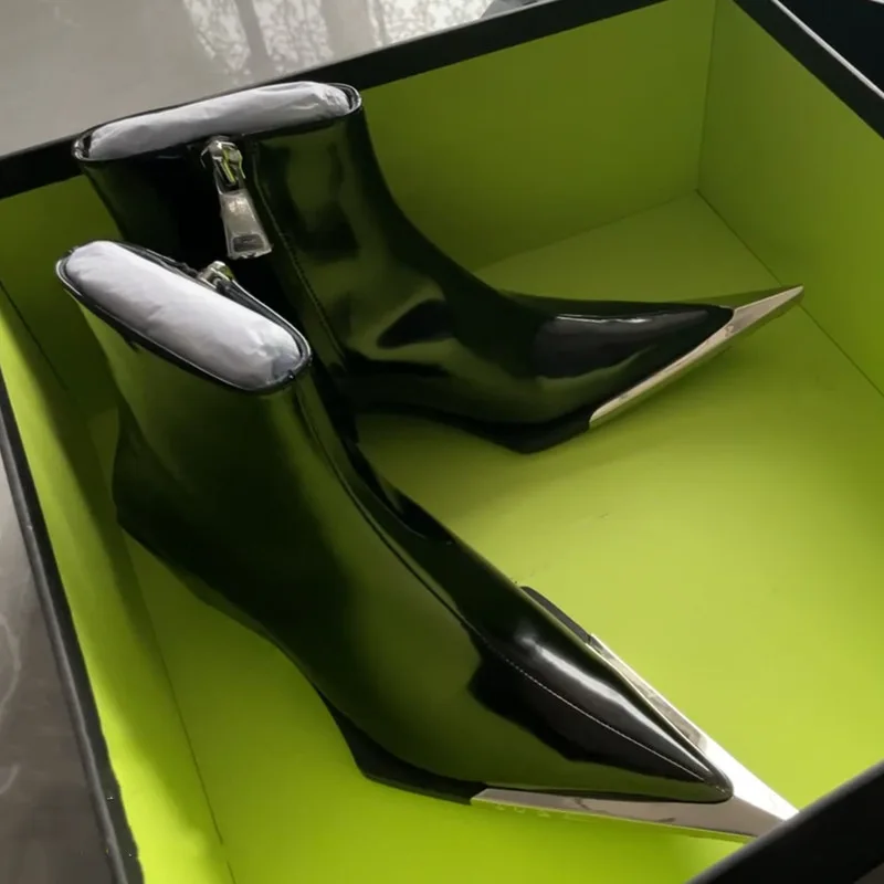 Fashion Metal Toe Pointed Ankle Boots Zipper Patent Leather Chunky Heels Cowgirl Western Cowboy Women Boots - Image 4