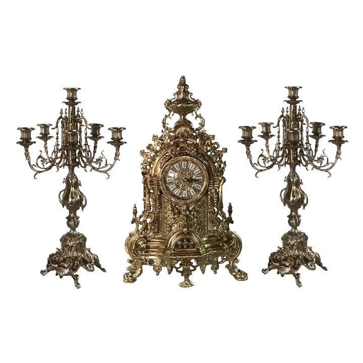 Custom Brass Table Clock and Candlestick Luxury Exquisite Retro Desk Clock and Candlestick