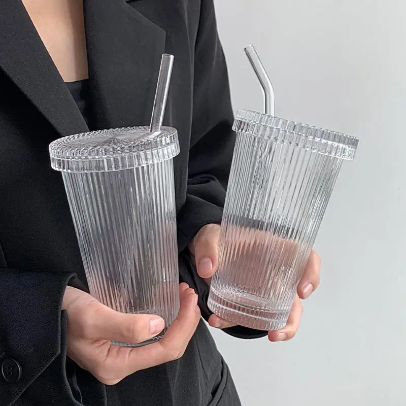 Simple Vertical Striped Glass With Lid Straw Cup Water Cup Milk Coffee Cup  375ml