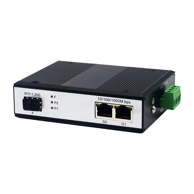 محول وسائط إيثرنت SFP الصناعي الغيغابيتي بمنفذي RJ45 بسرعات 10/100/1000Mbps ودعم PoE وفتحة SFP واحدة على سكة الألياف الضوئية