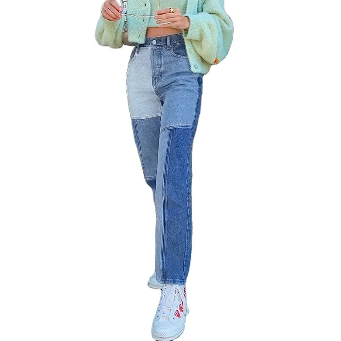 Two Tone Trousers Women Straight Jeans 