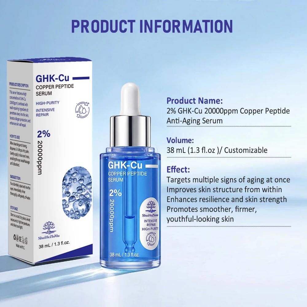 ghk-cu-gmp Private Label 2% 20000ppm GHK-Cu Blue Copper Peptide Serum for Intensive Repair 38ml Skin Rejuvenating OEM Face Serum Customized anela protocol ghk cu Vegan DIY Lash Extensions Contains:10 sterile vials x 238 mg/0.0084 oz.