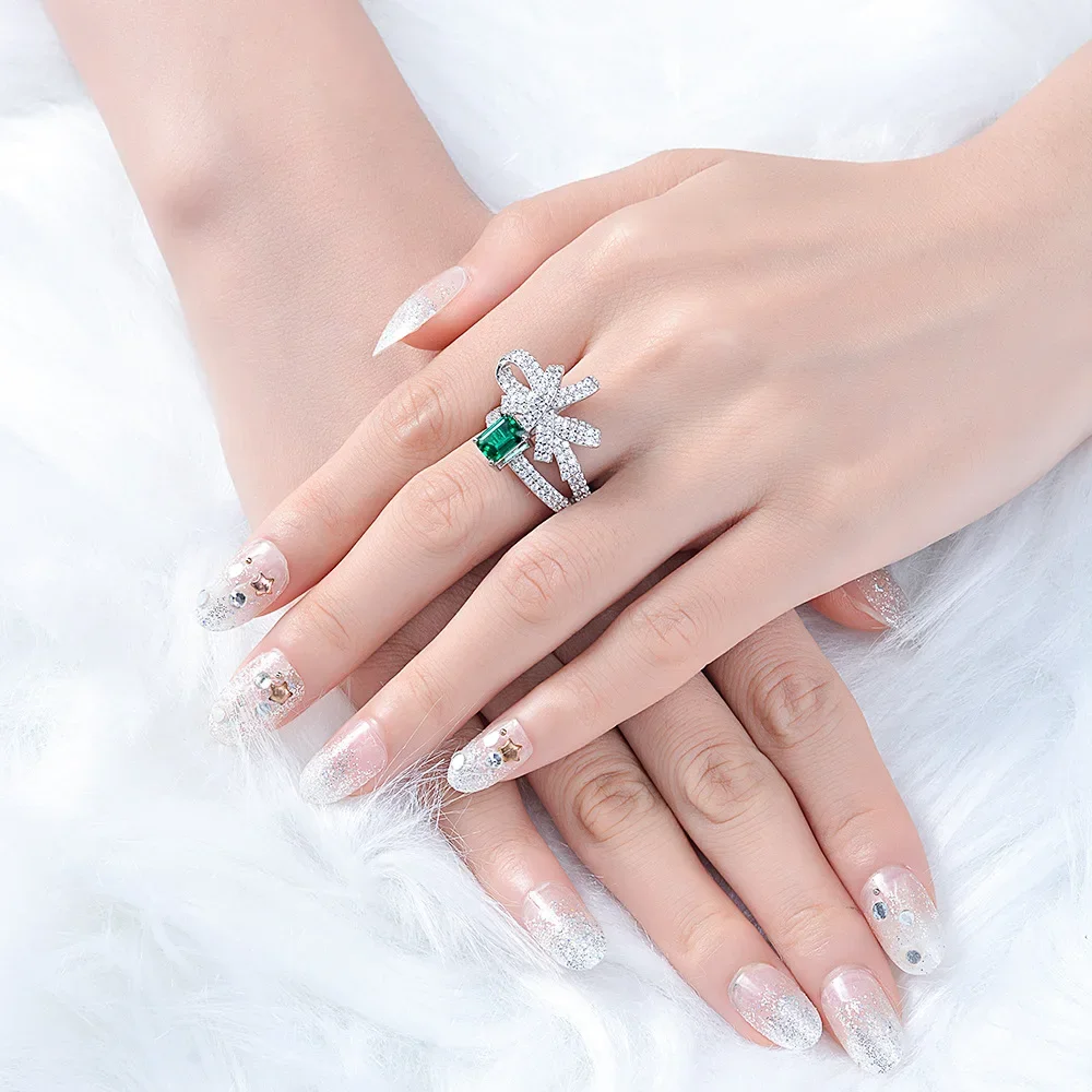 MUSHAN Jewelry Factory MGI Lab Grown Gemstones Emerald Ring Open Adjustable Engagement Bands 925 Sterling Silver Rings Jewelry