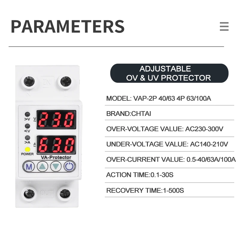 1P + N 63A Din рейка регулируемый в УФ-ампер протектор интеллектуальные автоматические стабилизаторы напряжения реле цифровой электрический светодиодный
