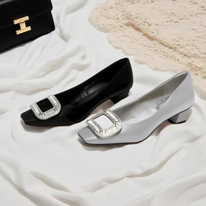 Women's Genuine Leather Mary Jane Shoes Breathable Silver Square Toe Flat Water Diamond Buckle Shallow Mouth French Slip-On