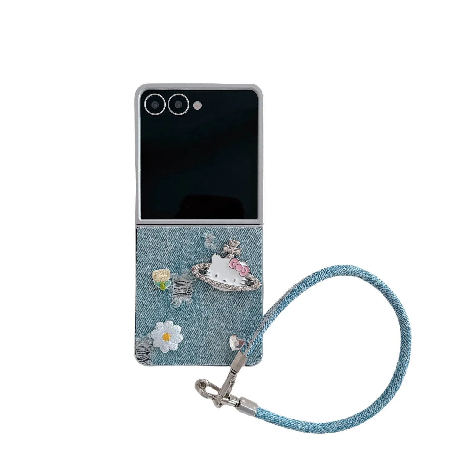 Denim Style Phone Case with Kitty Cat Wrist Strap