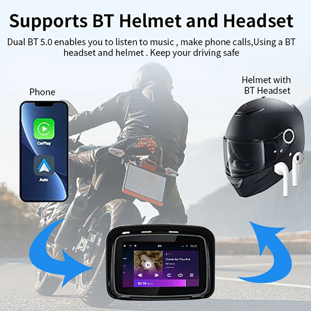 carplay motorcycle helmet HUD AR Intercom Rear-view Camera Android Auto VMount Terrain Motorcycle GPS Navigation Device with Wireless CarPlay/Wireless Android Auto IP67 Waterproof Motorcycle CarPlay &