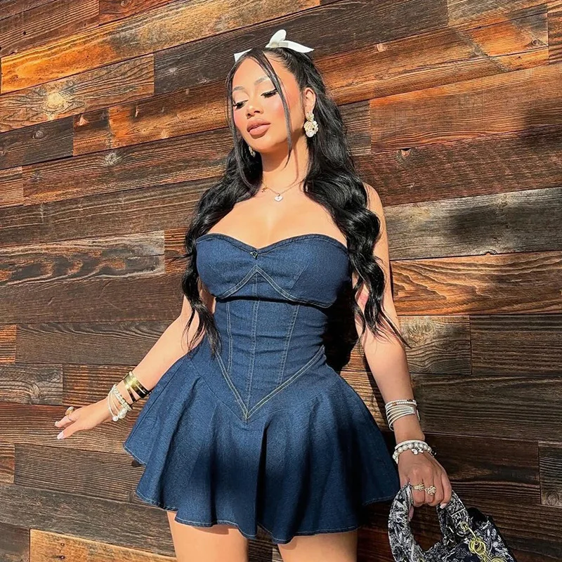 New Arrival Hot Selling Fashion Sexy Solid Color Denim Bustier Dress Women Summer Strapless High Waist Mini Pleated Short Skirt factory
