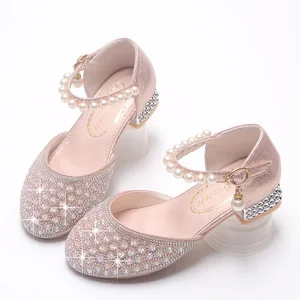 Children's Princess Dress Shoes with High Heels & Crystal Pearl Sparkling Diamond for Little Girls Stage Performance Shoes