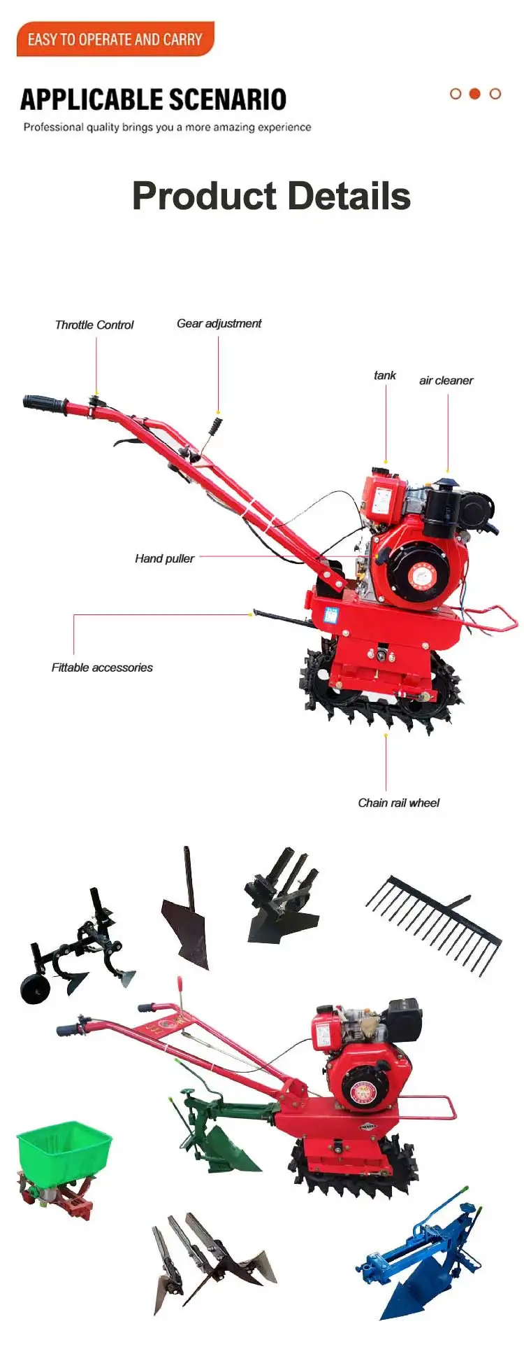 Top Selling Hand Tractor Hand Held Chain Tiller Micro Tillage Machine