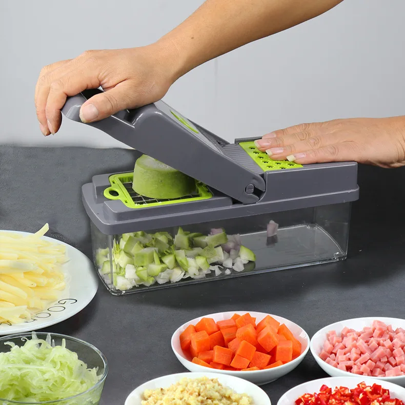 Coupe-légumes Multifonction 6 En 1 - Mandoline Avec 6 Lames Inox, Récipient 1,5L, Gris