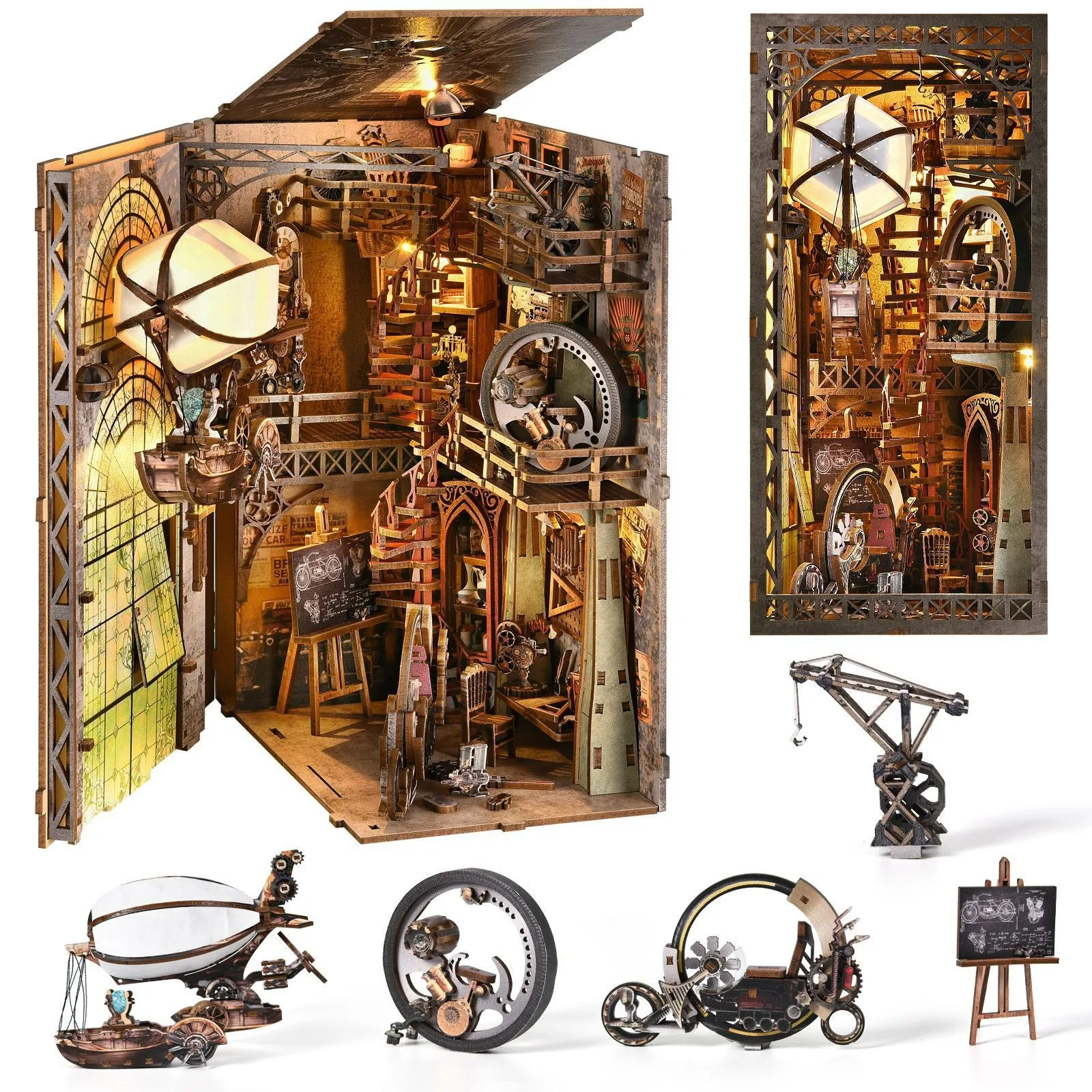 product 3d wooden puzzle mechanic book nook   diy toys for adults creative bookshelf insert with moving parts538-5