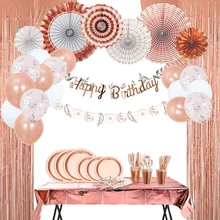 Nicro Rose Gold Birthday Party Supplies Paper Fan Garland Banner Balloon Tableware Set Wedding Bride Shower Party Decoration
