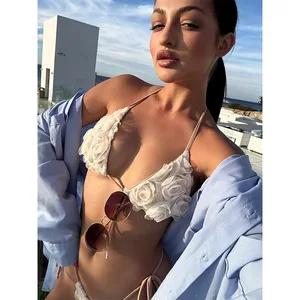 Lace Rose Multi Strap V-neck Triangle Bra Bikini 2026 Sexy Women's 2 Piece Swimsuit Spandex/Polyester Breathable