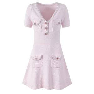 2026 Summer Sweet Vivid Pink Women's Casual A-Line V-Neck Short Sleeve Single-Breasted Mini Maxi Rhinestone Crystal Knit Wear