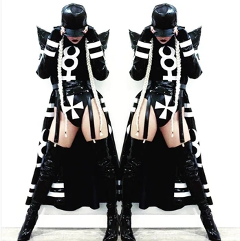 New Sexy Nightclub Clothes Female Girl Black Long Clock Bodysuit Dj Singer Costumes Women Hop Jazz Dance Costume