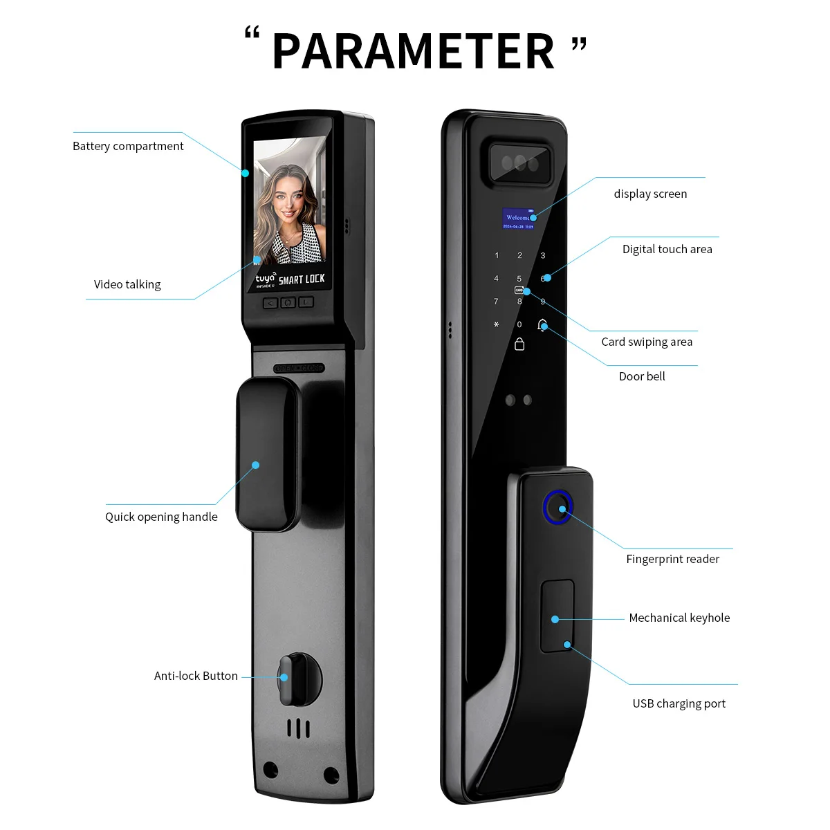 Tuya App Smart Life Video Intercom 3d Face Recognition Fingerprint Password Digital Lock Keyless Card  Smart Door Lock DF11