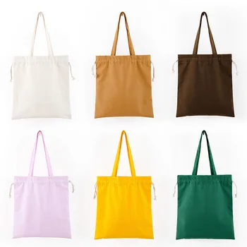 Custom logo printed eco-friendly durable recycled cotton canvas tote drawstring shopping bags