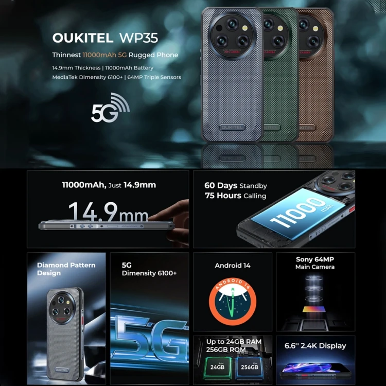 Oukitel WP35 5G güçlendirilmiş akıllı telefon 11000mAh 6.6 