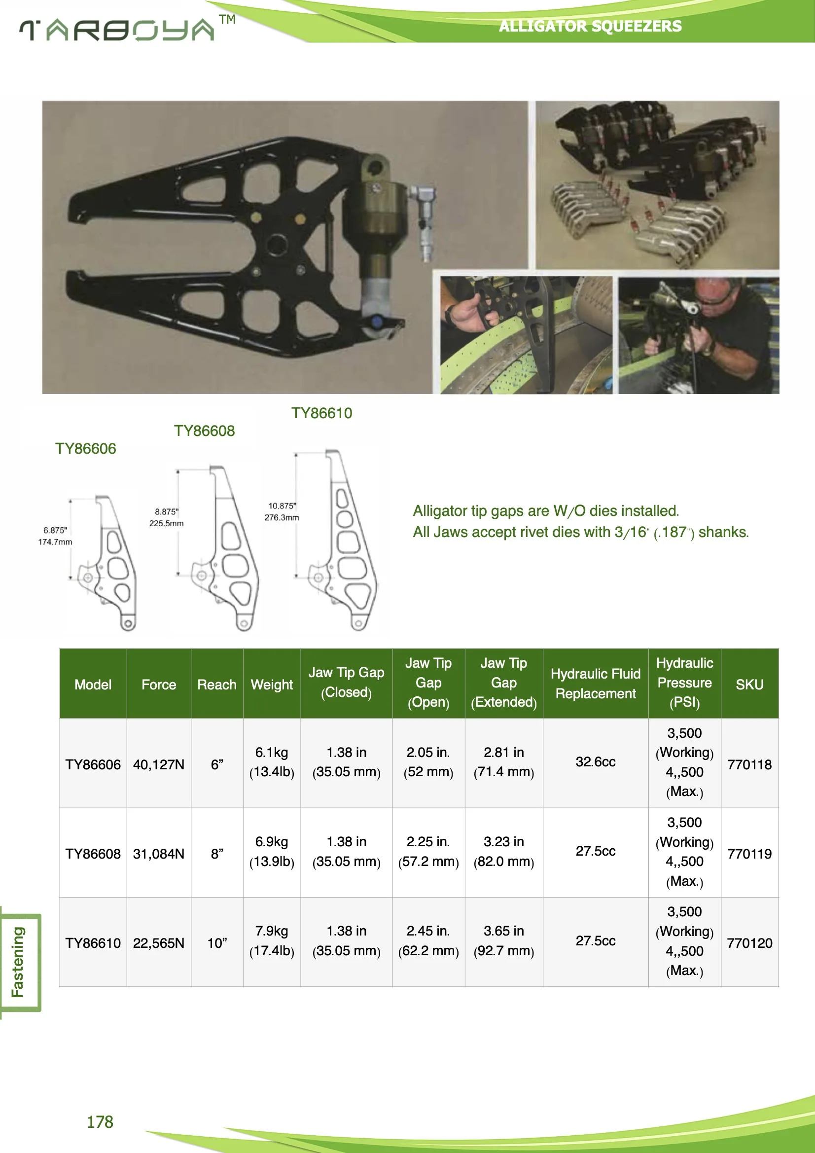 Printable Rivet Squeezer Yokes Chart.pdf TY86608 Pneumatic Hydraulic Alligator Yoke Rivet Squeezers Max Force 31 ...