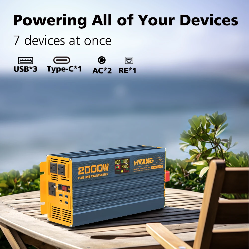 Us Warehouse DC Power Converter Fast Charging Type-C 1000w 2000w 3000w Pure Sine Wave Inverter With 7 Devices Use at Once