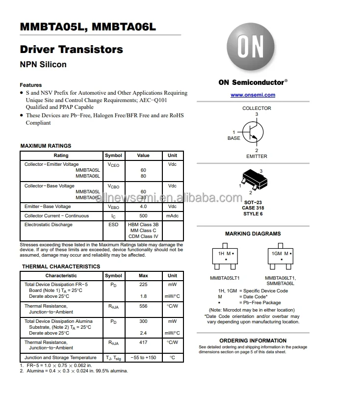 Hot sale Original MMBTA05LT1G TRANS NPN 60V 0.5A Bipolar (BJT) Transistor NPN 60 V 500 mA 100MHz 225 mW SOT-23-3 (TO-236)