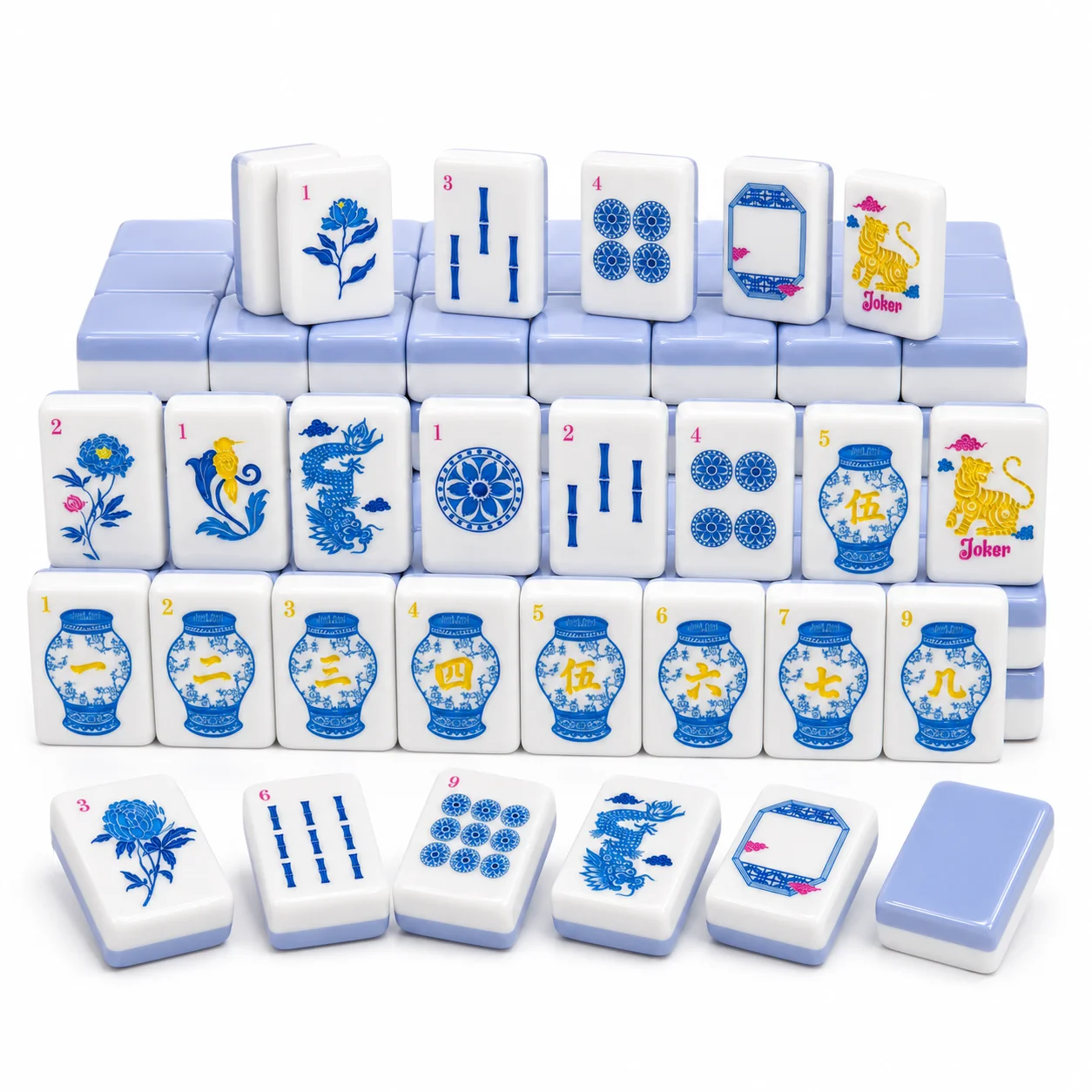 Blue White Plastic Peony Tiger Luxury Portable American Mahjong Set Hand Painted Chinese Floral Dragon Pattern 166 Tiles Game