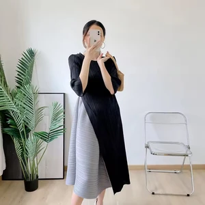 Factory Stock Direct Delivery Miyake Dresses 2025 New Patchwork Design Ruched Natural A-Line Summer Eco-Friendly Casual Woman