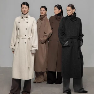 Winter New High-end Standing Collar Long Double-sided Woolen Coat Women's Double Breasted Straight Tube Coat With Waist Belt