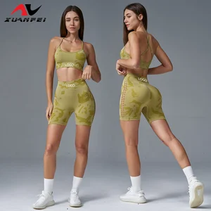 Women Fitness Seamless 2 Piece Yoga Gym Outfits Workout Bra Shorts Set Pilates Womens Sportswear