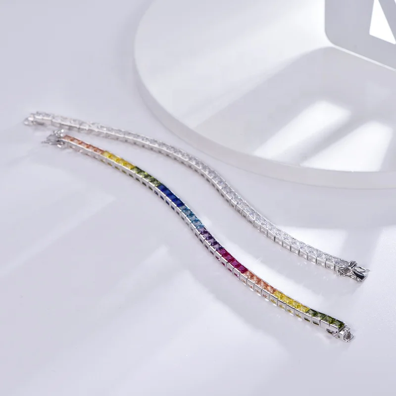 925 Sterling Silver Alternating AAA Cubic Zircon Tennis Bracelet 7.5" Rainbow Diamond Cuff Tennis Bracelet