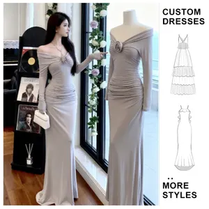Custom Summer Long Dress Party Club Sexy Ladies Elegant Dress Off-Shoulder 3D Flower Design Slim Fit Bodycon Casual Dress
