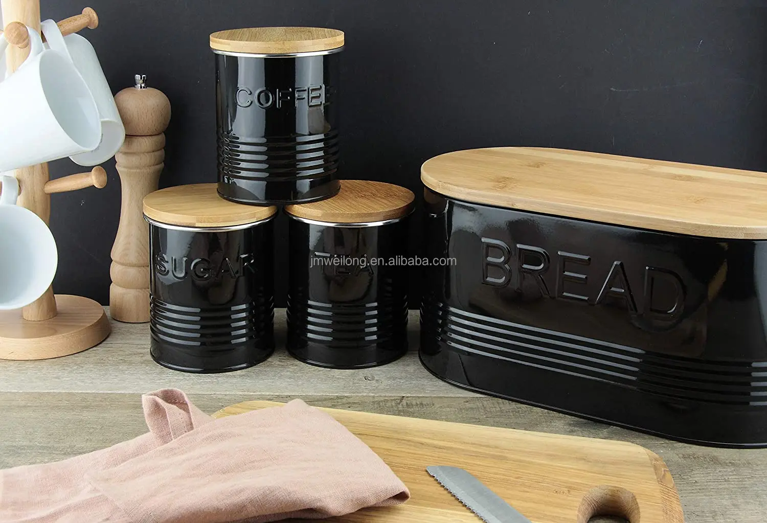 Matching Tea Coffee Sugar Canisters 4pc Stainless Steel Bread Bin w/ Bamboo Lid 