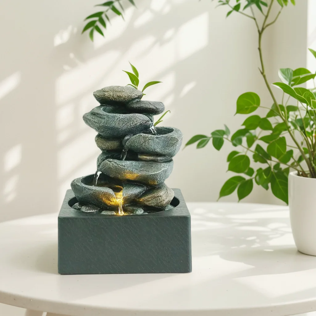 Four Layer Rockery Tabletop Water Fountain Decoration Home Decoration with LED Lights for Indoor Religious Buddhism GENO 100pcs