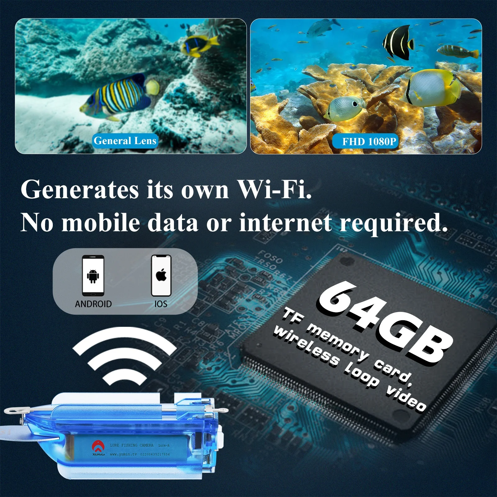 Telecamera Subacquea Wireless Da Pesca 1080P - Videocamera Con Fishfinder Wi-Fi E Registrazione Su App - Batteria 560 MAh, 120 Minuti Di Autonomia