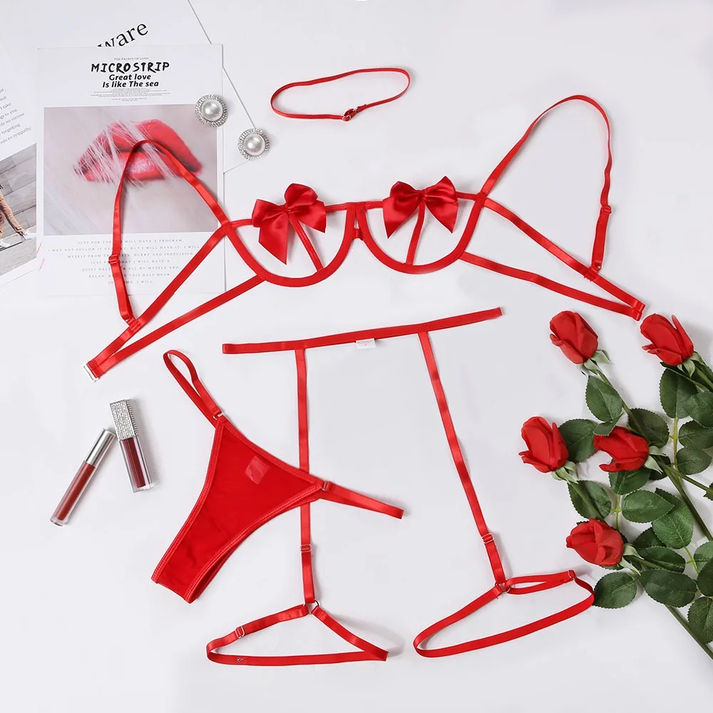 Sexy Lingerie Set 2021hollow Out Bow Sensual Lingerie Pron Hot Sexy Underwear Hollow Out Red