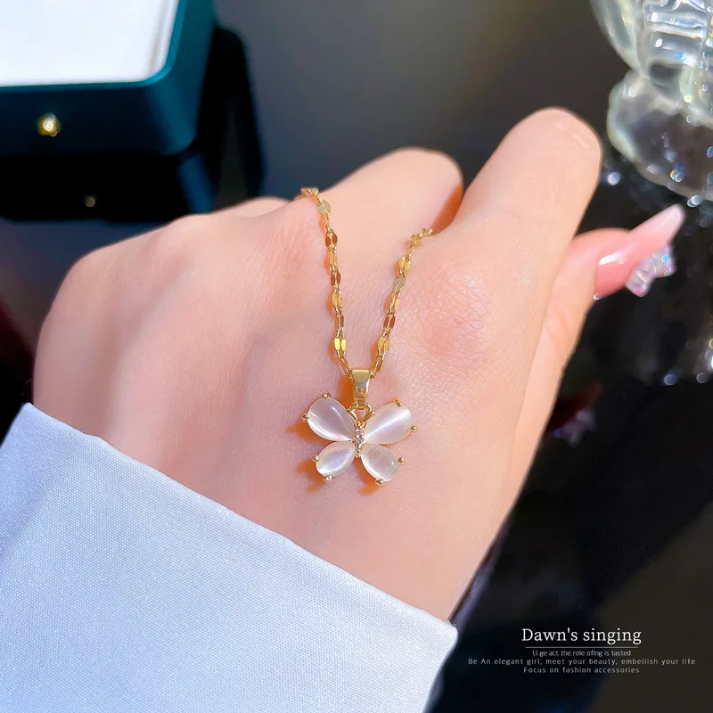 Dainty Stainless Steel Gold Clover Crystal Necklace