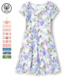 Factory Wholesale Summer Vacation Dresses for Girls Children's Casual Floral Short Sleeve Crew Neck Skater Cute Dress Ruffles