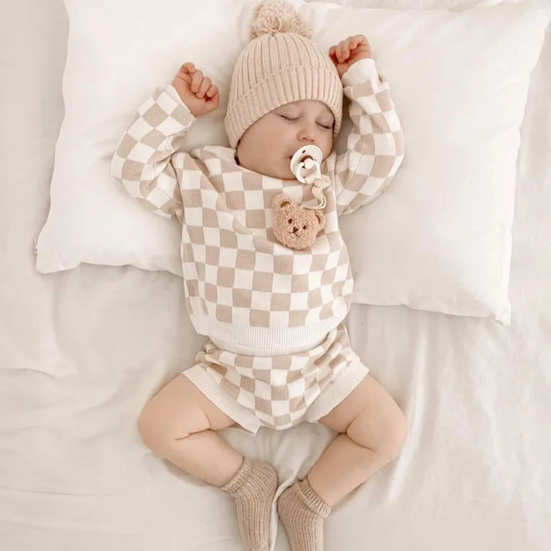 Unisex Boho Neutral Checkered Baby Knitwear Jumper Clothes Set