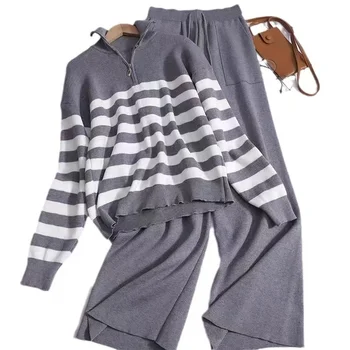 Oversized Casual Striped Sweater Half Zipper Lapel Blouse Female & Trousers Women Sets