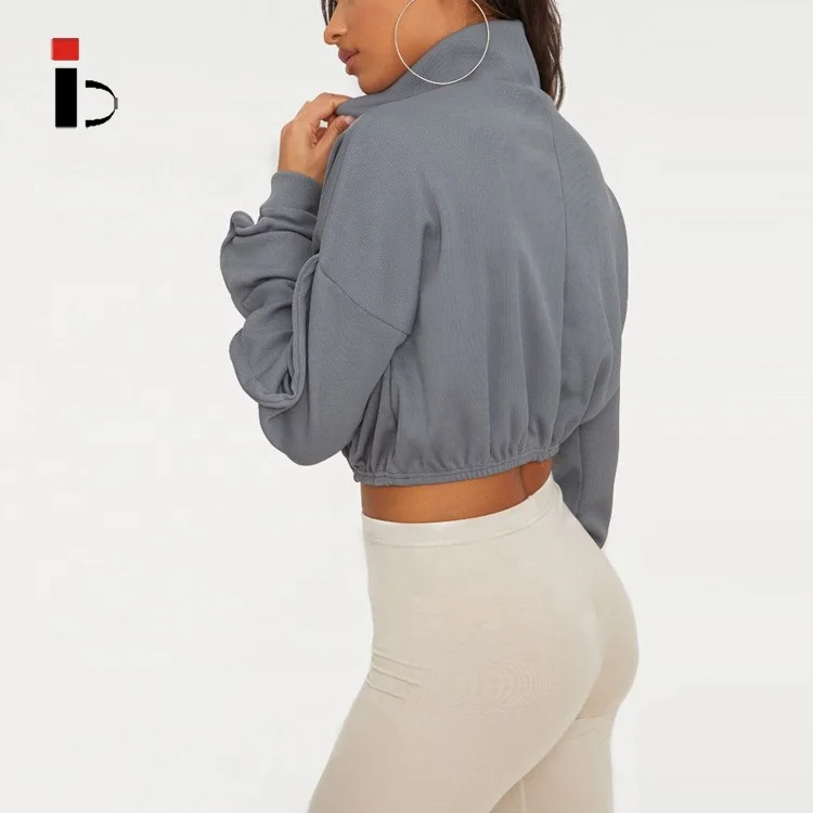 Custom Grey Rib High Neck Front Half Zip Long Sleeve Crop Top Hoodie for Women