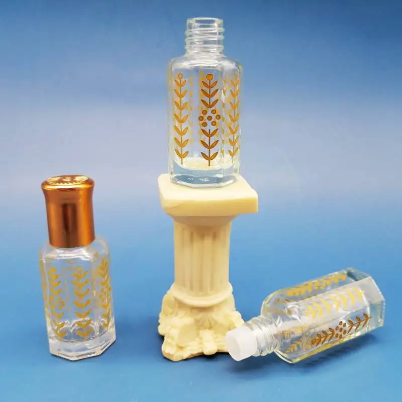 Hot Selling Octagonal Shape Empty Glass Bottle of Attar Perfume Oil with Plastic Roller 3ML  6ml 12ml