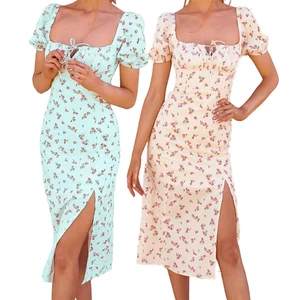 OEM Square Neck Short Sleeve Slit Side Holiday Clothing Women Summer Casual Floral Print Dresses