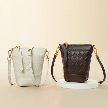 Women's Summer Genuine Cowhide Leather Crossbody Mini Bag High-End Vertical Zipper Closure Phone Bag Polyester Lining Half Moon