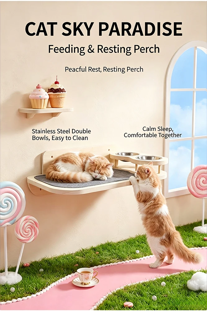 product wall hanging wooden cat furniture combination sleeping platform double feeder bowl wall scene decor multi function-0