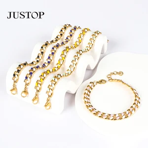 Fashion Hip Hop Charms Metal Miami Chain Stainless Steel Gold Plated Chunky Men Enamel Cuban Chain Bracelet