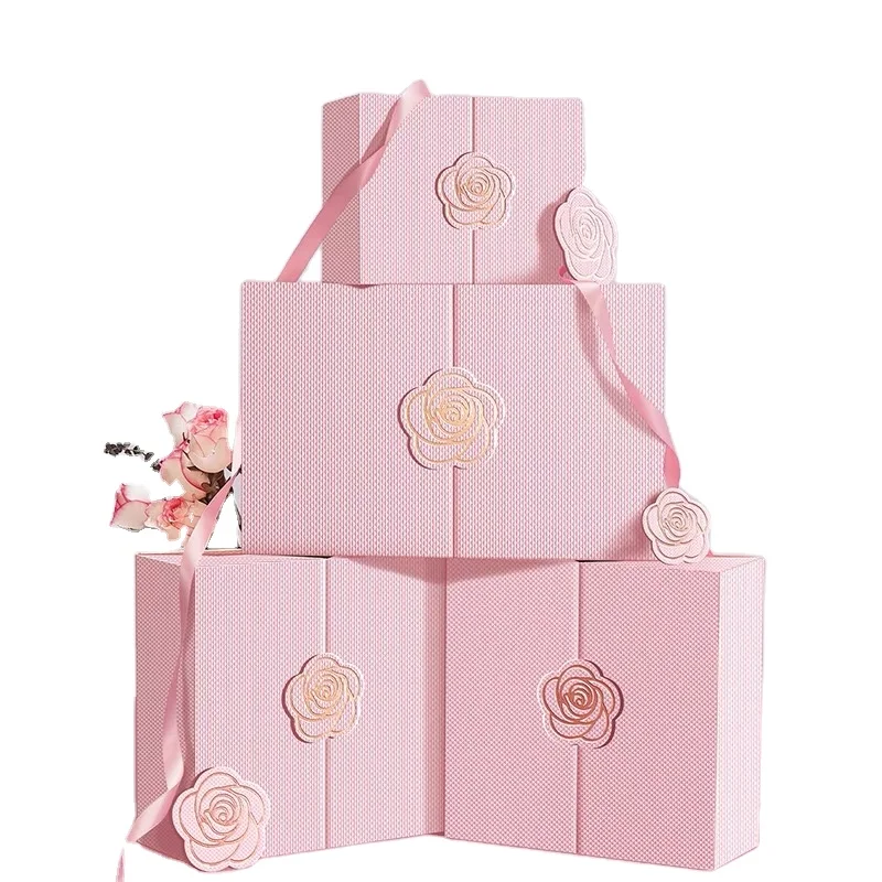 Customized Pink Embossed Logo Paper Romantic Jewelry Gift Box with Ribbon Bow for Cosmetics and Birthday Presents