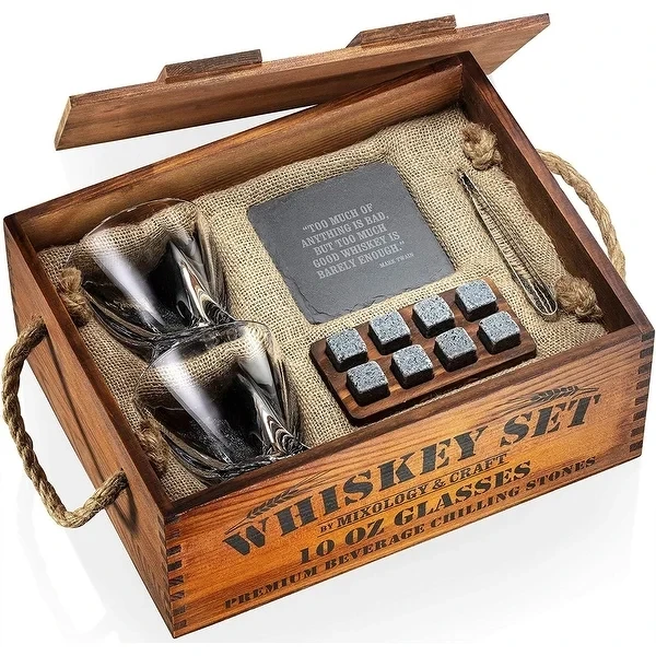 Mixology & Craft Whiskey Stones & Glass Set - Ideal Gift for Men, 6 Granite Stones